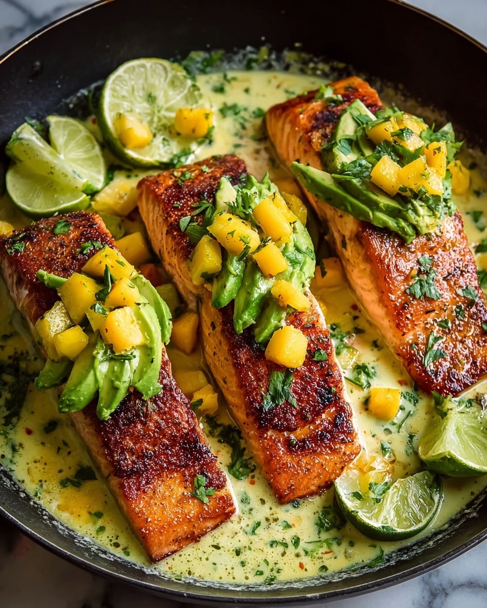 Three grilled salmon fillets with a crispy golden-brown crust sit in a creamy light yellow sauce, inside a black pan on a white marbled texture. Each salmon fillet is topped with bright green avocado slices and small yellow mango cubes mixed with chopped green herbs, likely cilantro or parsley. Around the fish, there are two lime halves with a slightly darker green rind, adding a fresh look. The creamy sauce is dotted with finely chopped herbs, enhancing the texture and color contrast. photo taken with an iphone --ar 4:5 --v 7