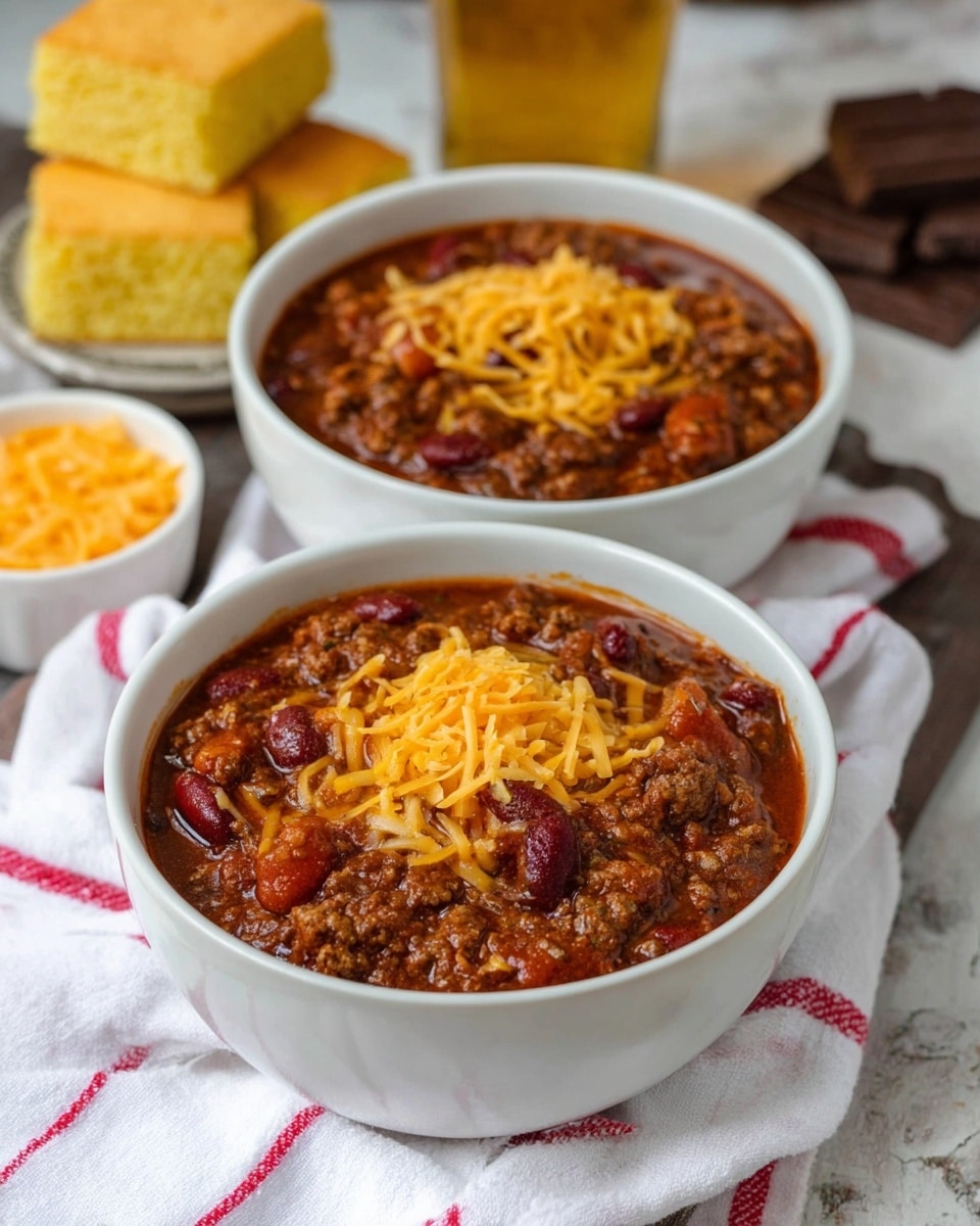 Two white bowls are filled with chili, sitting on a white cloth with red stripes, placed on a white marbled surface. The chili has a thick, rich brown sauce with visible chunks of ground beef, kidney beans, and diced tomatoes mixed throughout. Each bowl is topped with shredded orange cheddar cheese scattered over the chili. In the background, there are three square pieces of yellow cornbread stacked on top of each other, along with two pieces of dark chocolate and a glass of golden liquid. photo taken with an iphone --ar 4:5 --v 7