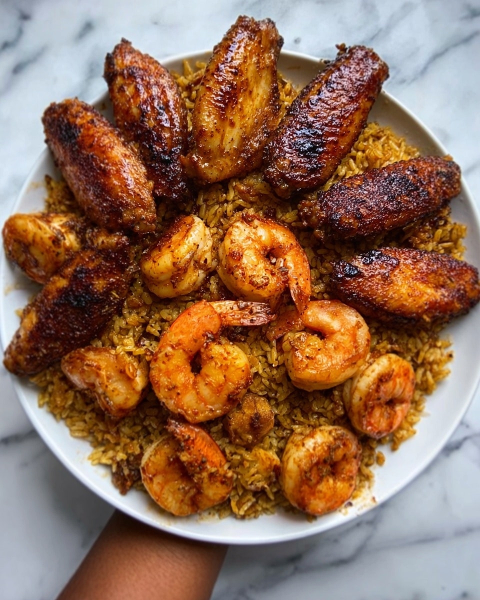 The image shows a white plate full of food on a white marbled surface. On the top half of the plate, there are seven grilled chicken wings with a shiny, golden-brown, slightly charred look. The bottom half of the plate has a bed of yellowish-brown rice mixed with spices, topped with several cooked shrimp that have a reddish-orange color and some visible seasoning. A woman's hand is placing one chicken wing on the plate from the top left corner. The food looks warm and freshly cooked. Photo taken with an iphone --ar 4:5 --v 7