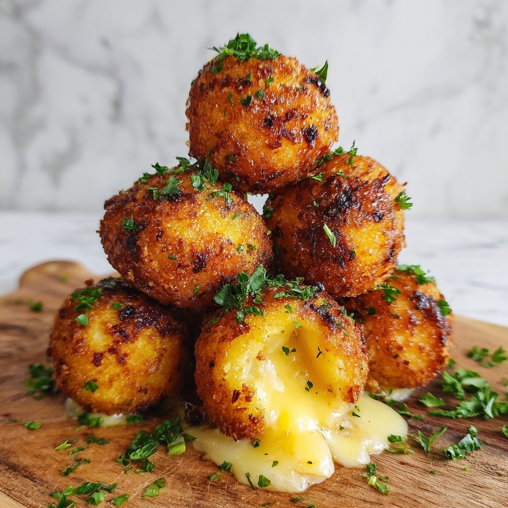 A close-up image shows a group of six golden-brown fried balls with a crispy texture. Each ball is covered with small green herb bits, likely chopped parsley. The balls appear to have a slightly rough surface with browned, crunchy spots. One ball in the front has melted cheese oozing out, creating a glossy, creamy layer flowing towards the bottom. The background is a white marbled texture, and the balls are arranged closely together, filling the frame. photo taken with an iphone --ar 4:5 --v 7