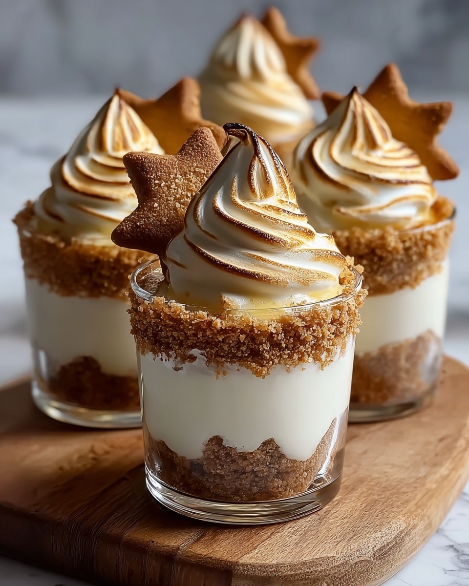 The image shows four small desserts in clear glasses on a wooden board, placed on a white marbled surface. Each dessert has three layers: the bottom layer is a crumbly brown crust that extends irregularly up the sides, the middle layer is smooth white cream filling, and the top layer is a swirl of toasted white and golden-brown meringue with a slightly glossy texture. The rim of each glass is coated with more crumbly brown crumbs, and there is a star-shaped crumb cookie stuck in the meringue on the front dessert. The scene is softly lit, highlighting the texture and colors of the layers and the toasting on the meringue. photo taken with an iphone --ar 4:5 --v 7