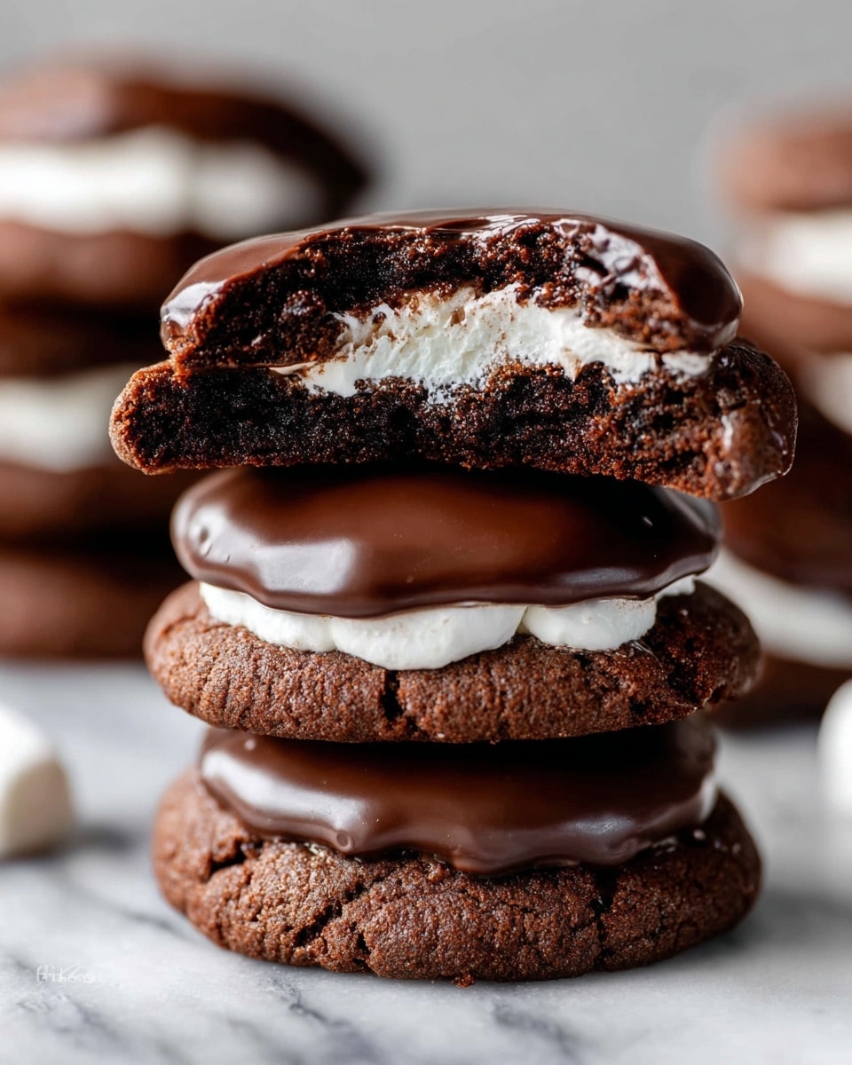 A stack of three chocolate cookies with smooth, shiny dark chocolate on top. The top cookie is broken in half, showing a thick white marshmallow center inside a dense, dark brown cookie base. The broken halves are placed on the middle cookie, which also has a layer of glossy chocolate on top. The bottom cookie has a visible marshmallow layer peeking out slightly on the side. The cookies have a rough, crumbly texture on the edges and a smooth, creamy chocolate layer. The background is a white marbled texture, with more cookies blurred in the distance. photo taken with an iphone --ar 4:5 --v 7