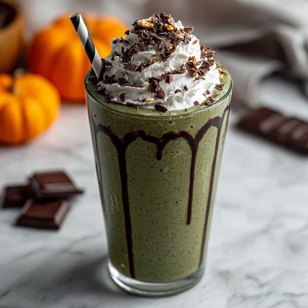 A tall glass filled with a thick green shake that has black streaks running down inside the glass, topped with a thick layer of whipped cream. On top of the whipped cream, there are drizzles of chocolate syrup, small chocolate shavings, and a few small nut pieces. A black and white twisted straw sticks out from the left side of the drink. The glass sits on a white marbled surface with a blurred orange pumpkin and some dark brown leaves in the background, creating a cozy autumn feel. Photo taken with an iphone --ar 4:5 --v 7