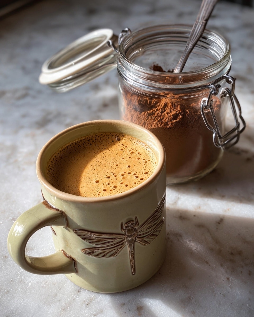 A close-up image of a creamy coffee drink in a light green ceramic mug with a raised dragonfly design on the front, filled to the top with a frothy, light brown liquid layer with small bubbles. Next to the mug is a transparent glass container with a metal latch lid, slightly open, filled with brown cocoa powder and a silver spoon inside. Both items rest on a white marbled surface that has subtle veins and a smooth texture. Soft natural light highlights the textures and details. photo taken with an iphone --ar 4:5 --v 7