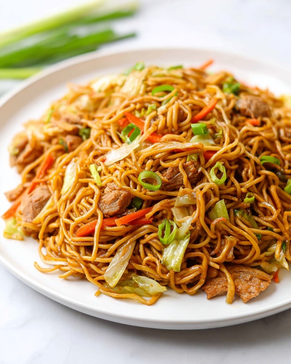 A white plate filled with a large mound of stir-fried noodles tinted brown from sauce, mixed with pieces of light brown cooked meat, thin orange carrot sticks, pale green celery slices, and bits of white cabbage, all mixed evenly through the noodles. The plate sits on a white marbled surface, with green onions blurred in the background. The textures of the noodles are glossy and slightly twisted, while the vegetables add a fresh, crisp look. photo taken with an iphone --ar 4:5 --v 7