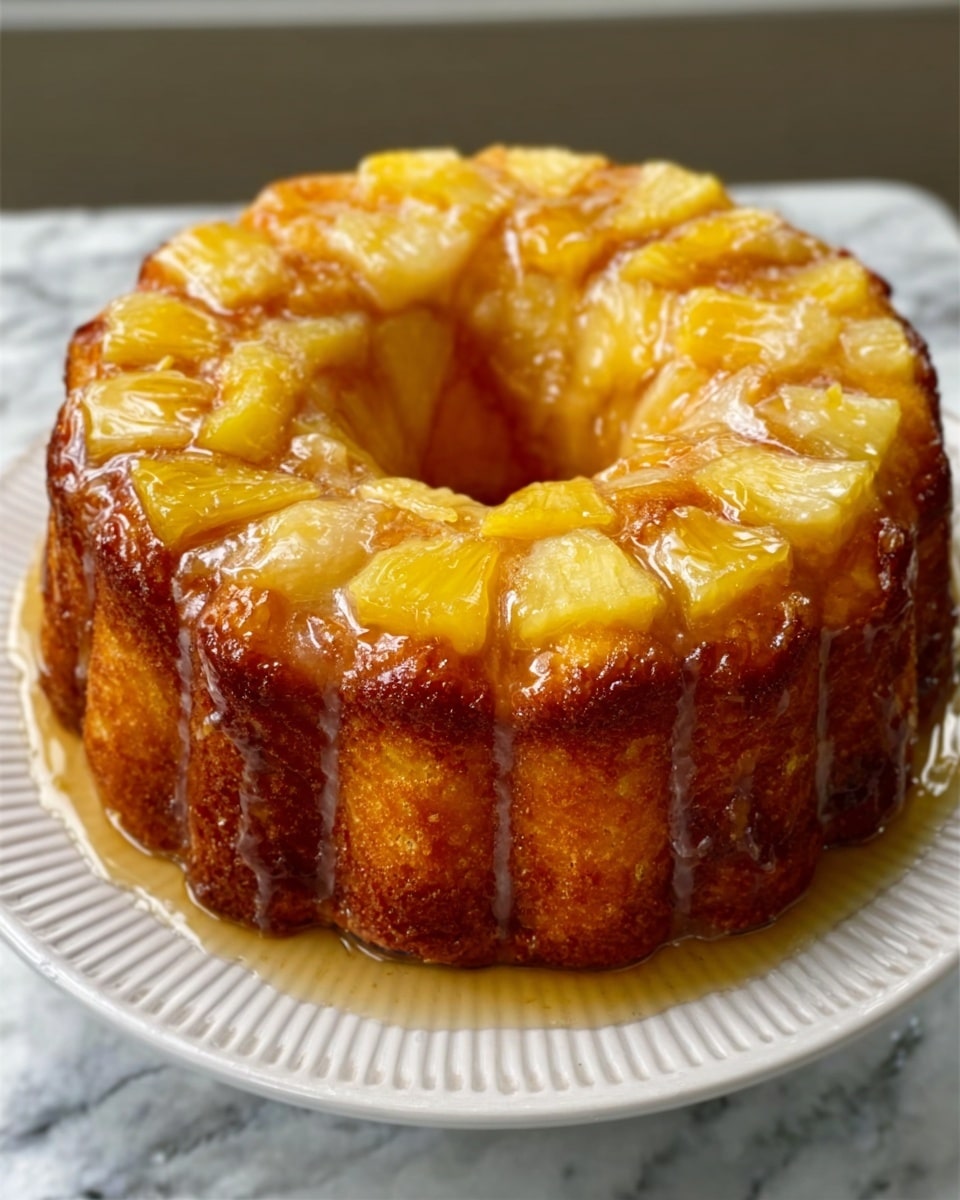 The image shows a round bundt cake with a golden brown crust and a moist texture, sitting on a white plate with ridged edges. The top of the cake is covered with thick, unevenly spread glaze that is creamy white with a shiny surface. The glaze drips slightly down the sides, highlighting the ridges and grooves of the bundt shape. The cake looks dense and glossy, with hints of yellow and light brown colors from the cooked batter and glaze. The background is a white marbled texture. photo taken with an iphone --ar 4:5 --v 7