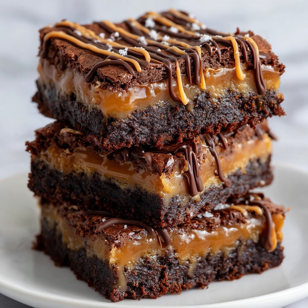 The image shows a stack of three rich, thick brownie squares, each with multiple visible layers. The bottom layer is a dense dark brown chocolate base, slightly crumbly. Above it is a smooth, glossy caramel layer that looks gooey and sticky. The top brownie layer is thick and fudgy with chocolate chunks inside. The surface is decorated with thin, light brown caramel drizzles and dark chocolate sauce lines, adding texture and shine. The stack sits on a white plate on a white marbled surface. Photo taken with an iphone --ar 4:5 --v 7