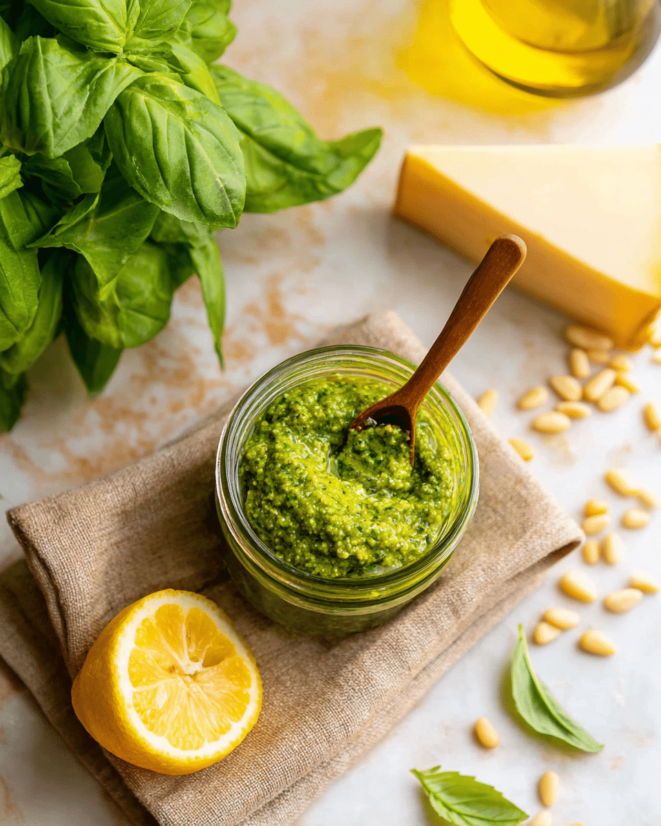 A small clear glass jar filled with bright green pesto sauce showing a rough, thick texture sits on a light brown cloth on a white marbled surface. A small wooden spoon rests inside the jar, creating a small swirl in the pesto. Around the jar, there is a bunch of fresh green basil leaves with a slightly wrinkled texture at the bottom left, a yellow lemon cut in half at the top left, and a wedge of pale yellow cheese with a smooth surface at the bottom right. Scattered around are a few light tan pine nuts, and a glass bottle with golden olive oil is visible at the top right corner. photo taken with an iphone --ar 4:5 --v 7