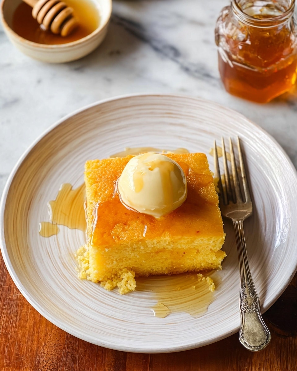 A square piece of golden yellow cornbread with a moist texture sits in the center of a white plate with subtle circular patterns. On top of the cornbread is a rounded scoop of pale butter melting slightly, with some honey drizzle showing a shiny amber glaze over the cornbread and pooling slightly around it. A vintage silver fork is placed on the right side of the plate. In the background, a jar of honey and a bowl of honey with a honey dipper are partly visible on a white marbled surface. Photo taken with an iphone --ar 4:5 --v 7
