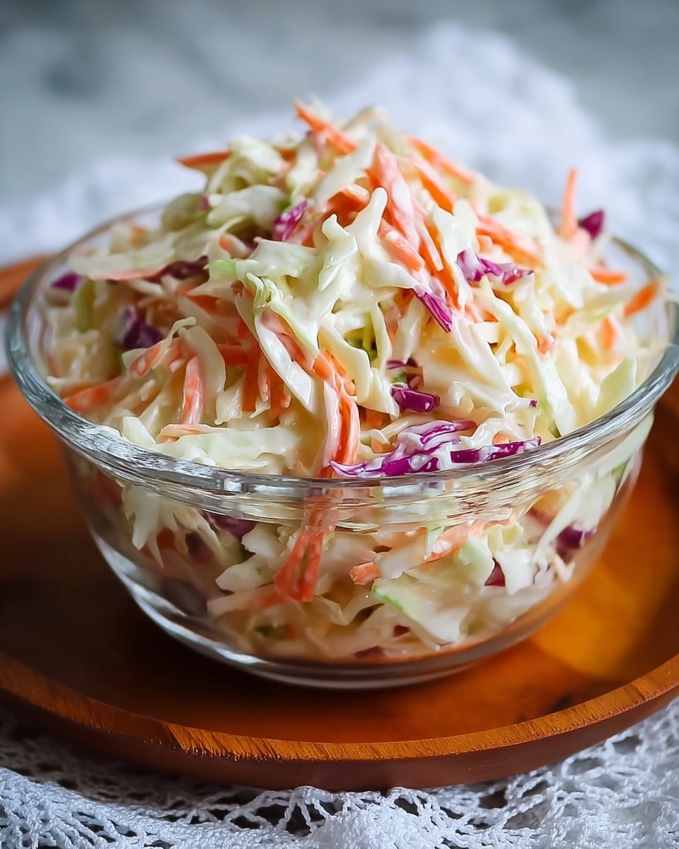 A clear glass bowl filled with creamy coleslaw, showing multiple layers of shredded vegetables including white cabbage, bright orange carrots, and purple cabbage mixed with light green cabbage, all coated in a thick white creamy dressing. The bowl sits on a wooden tray placed over a white marbled textured surface partially covered by a white lace cloth, giving a fresh and colorful look. Photo taken with an iphone --ar 4:5 --v 7
