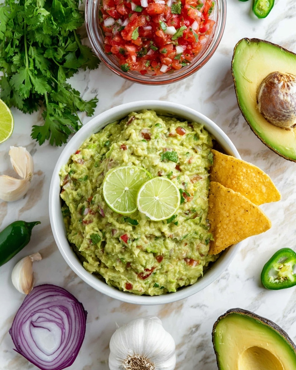 A white bowl filled with creamy green guacamole mixed with small bits of red and green, topped with two slices of light green lime on the left top side and two yellow tortilla chips partly dipped in the guacamole on the right top side. Around the bowl, there is a halved and complete avocado with a dark green outer skin and bright green flesh, two peeled cloves of garlic, a bulb of garlic, a halved red onion with purple and white layers, a bunch of fresh green cilantro, and a halved fresh green jalapeño showing its white seeds. Above the bowl is a clear glass bowl filled with chunky red salsa made of tomatoes, white onions, and green herbs. The entire scene is set on a white marbled texture. Photo taken with an iphone --ar 4:5 --v 7