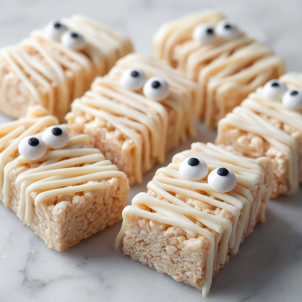 The image shows six rectangular treats resembling small cakes or bars, each covered with thin, evenly spaced layers of light cream-colored icing to look like mummy wrappings. Two small round white candies with black centers are placed near the top of each treat to imitate eyes. The treats are arranged closely on a white marbled surface. The texture of the icing is smooth but slightly uneven to show the mummy effect. The colors are mostly light brown for the base and off-white for the icing, creating a soft contrast. photo taken with an iphone --ar 4:5 --v 7