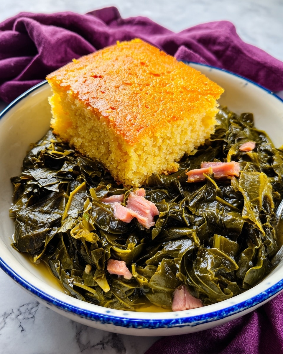 A white bowl with a blue rim holds two main layers: the bottom layer is a bed of cooked dark green leafy collard greens mixed with small bits of light pink ham, showing a soft and slightly glossy texture; on top, near the bowl's edge, sits a thick square piece of golden-yellow cornbread with a browned, slightly crumbly crust and a moist interior. The bowl is placed on a surface with a white marbled texture and there is a deep purple cloth loosely arranged in the background. photo taken with an iphone --ar 4:5 --v 7