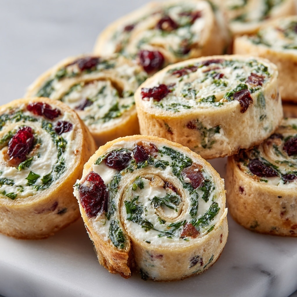 The image shows several rolled pinwheel appetizers arranged close together on a white marbled surface. Each roll has three visible layers: a thin, light golden-brown outer crust that looks soft and slightly crispy, a middle green layer made of leafy herbs or spinach, and an inner creamy white layer of cheese. Scattered within the creamy layer are dark red dried cranberries and small green bits, adding color contrast and texture. The rolls are slightly varied in size and stacked in a casual, inviting way. photo taken with an iphone --ar 4:5 --v 7