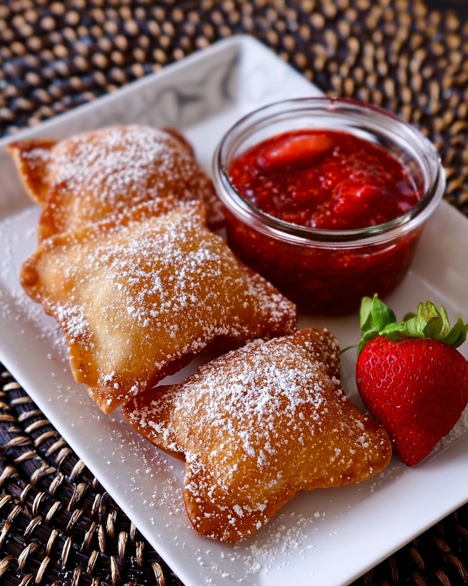 The image shows three golden brown fried pastries with a crispy texture, placed closely together on a white rectangular plate. The pastries are dusted with a light layer of powdered sugar. To the right of the pastries is a small clear glass jar filled with bright red strawberry sauce that looks thick and chunky. Next to the jar lies one fresh, whole strawberry with its green leaves intact. The white rectangular plate is set on a white marbled surface with a woven textured item partially visible under the plate. photo taken with an iphone --ar 4:5 --v 7