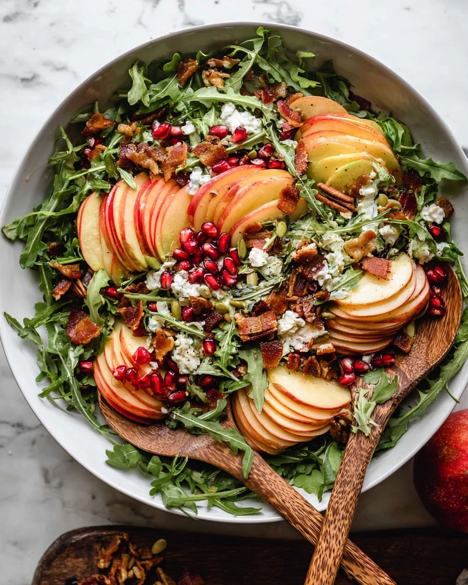 A large white bowl filled with a fresh salad layered with green arugula leaves as the base, topped with thinly sliced red and yellow apples arranged in small clusters showing their smooth skin and white flesh, scattered bright red pomegranate seeds adding small bursts of color, creamy white crumbled cheese sprinkled all over, and roasted nuts along with crunchy pumpkin seeds adding texture. There are also small pieces of crispy bacon mixed in, and two wooden salad spoons resting on the edge of the bowl. The bowl sits on a white marbled surface. Photo taken with an iphone --ar 4:5 --v 7