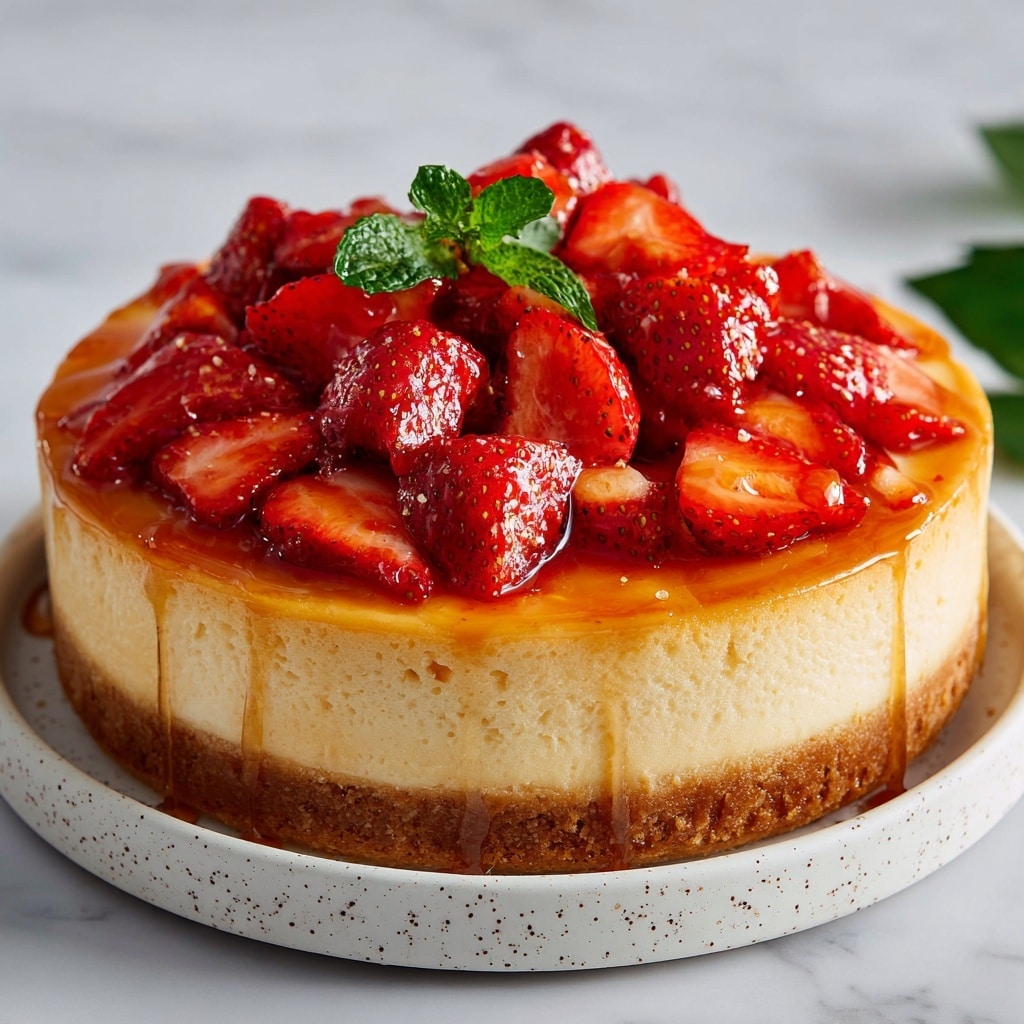 A round cheesecake with a golden brown crust forms the base layer. On top is a smooth, creamy pale yellow filling, evenly spread. The top layer is covered with bright red strawberries, some whole and some sliced in half, showing their juicy insides. The strawberries are glossy and shiny from a drizzle of thick amber-colored honey spread over them. The cheesecake sits on a white plate with small speckles, and the background has a white marbled texture with a few small green leaves on one side. photo taken with an iphone --ar 4:5 --v 7