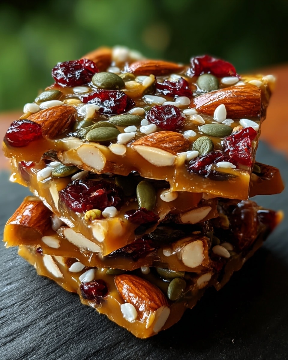 The image shows a stack of three nut and seed bars placed on a wooden board, with a blurred green background. Each bar is thick and rectangular, filled with visible whole almonds, light brown sliced almonds, green pumpkin seeds, small tan sesame seeds, and bright red dried cranberries held together by a shiny, sticky amber syrup that gives a glossy texture. The layers are dense and tightly packed, with the nuts and seeds evenly spread throughout each bar, creating a rich, textured look. photo taken with an iphone --ar 4:5 --v 7