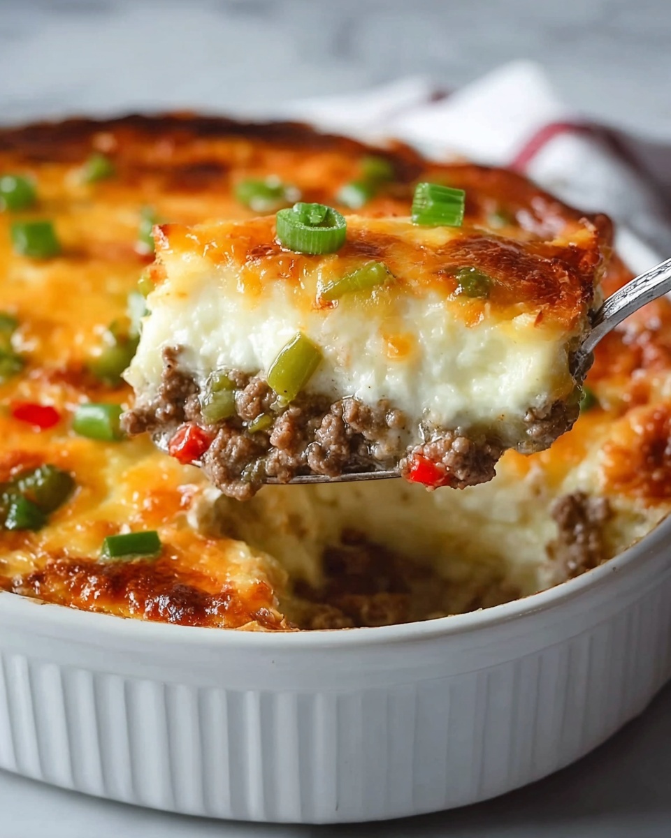 A slice of layered casserole is lifted by a spoon above a white scalloped dish, showing distinct layers of browned, melted cheese on top, a creamy white layer beneath, followed by a layer filled with ground meat mixed with chopped green and red peppers, and another creamy layer at the bottom. The top layer is golden and bubbly with some green pepper pieces for garnish. The dish is set against a white marbled surface background. photo taken with an iphone --ar 4:5 --v 7