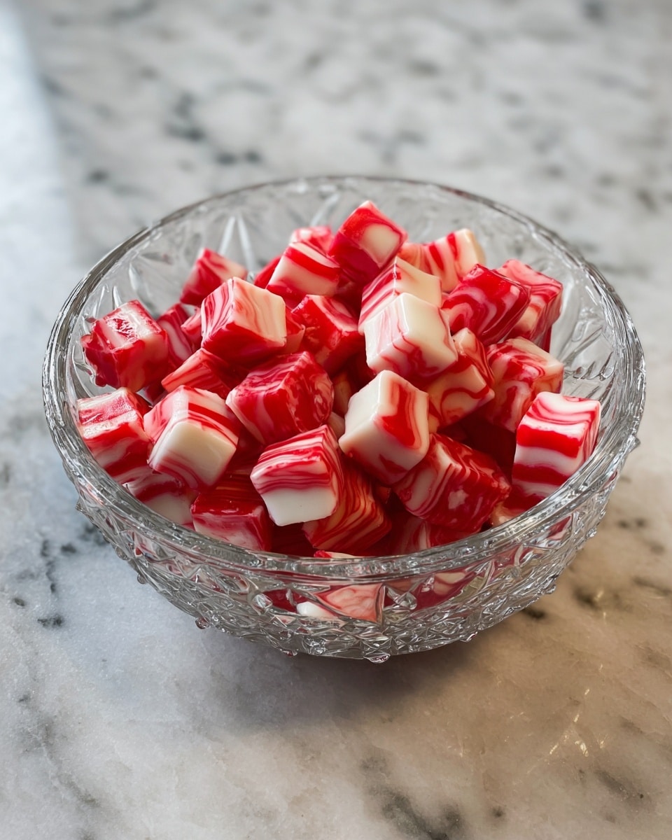 The image shows several rows of small, square-shaped dough pieces with red and white swirls on them, laid out on a light grey baking sheet. Each piece has a smooth texture with the red and white colors twisted together in an alternating pattern, creating a marbled look. The dough squares are roughly the same size, arranged neatly in lines, showing layers of red and white that spiral around each piece. The surface beneath has a faintly uneven texture but the focus is on the vibrant red and white spiral dough squares. photo taken with an iphone --ar 4:5 --v 7