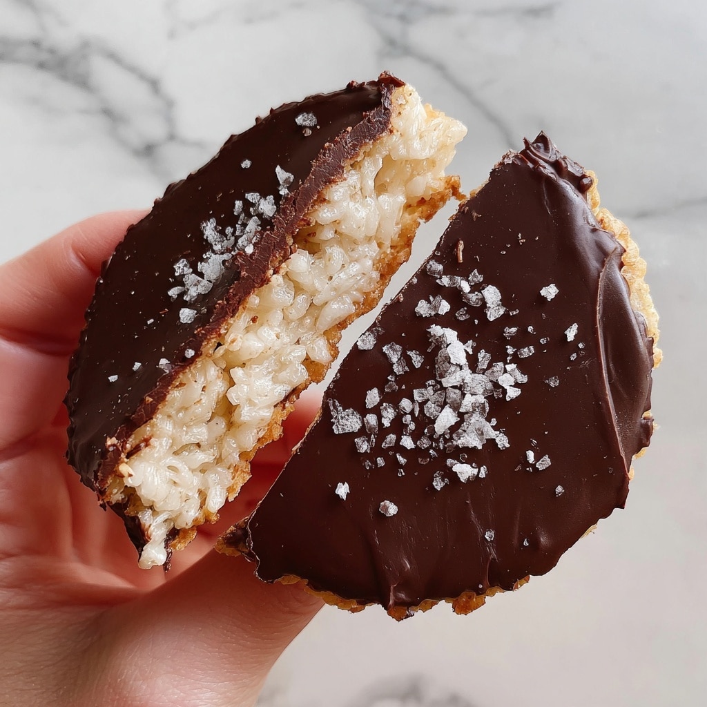 Four round rice cakes are arranged on a white plate, each topped with a smooth, shiny layer of dark brown chocolate spread evenly but with visible swirling texture. The chocolate is sprinkled with small white coarse salt crystals that add a contrast to the dark topping. Some chocolate has slightly dripped off the edges onto the plate. The white rice cakes show a slightly rough and airy texture beneath the chocolate. The plate is placed on a white marbled surface. photo taken with an iphone --ar 4:5 --v 7