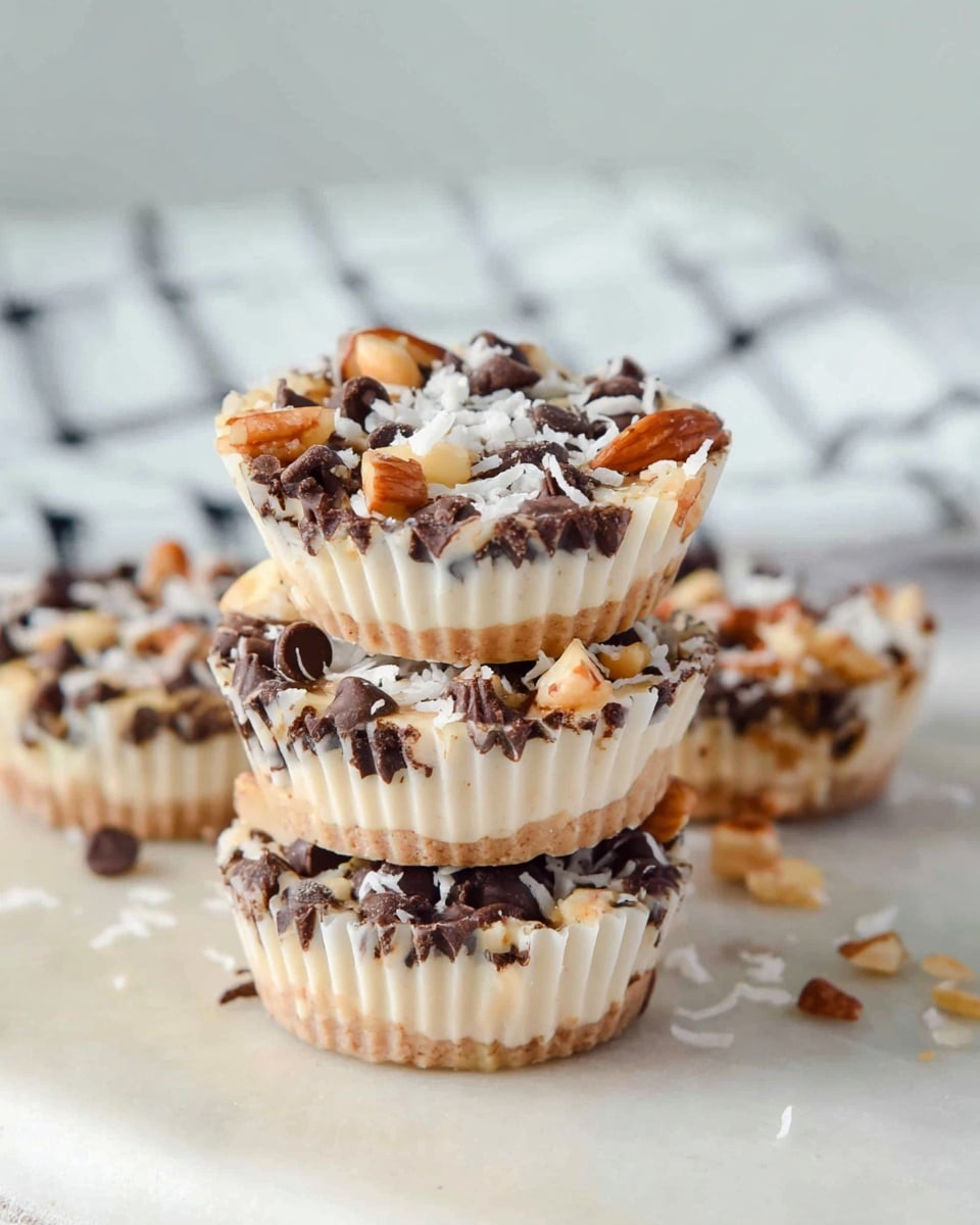The image shows four small round dessert cups stacked on a smooth white marbled surface, each with three visible layers: a light beige bottom crust, a creamy pale middle layer, and a top thick layer packed with dark chocolate chips, golden brown nuts, and white shredded coconut scattered over. The dessert cups have white ridged wrappers on the outside, and the background is softly blurred with a white cloth featuring a black grid pattern. The focus is sharp on the front dessert cup showing rich texture details. Photo taken with an iphone --ar 4:5 --v 7