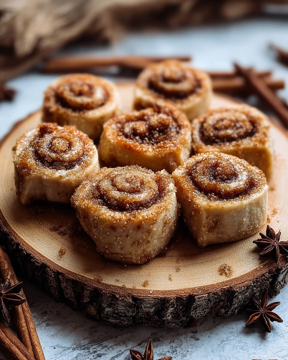 The image shows six cinnamon rolls arranged closely on a wooden round board with bark edges. Each roll has a visible spiral of light brown dough and a filling of darker cinnamon sugar that looks slightly sticky and grainy. The outer layer of the rolls is coated with a sugary cinnamon mix, giving them a crunchy texture. The rolls rest on a white marbled surface with some cinnamon sticks and star anise blurred in the background. photo taken with an iphone --ar 4:5 --v 7