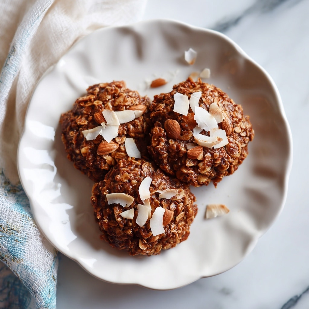 The image shows three rough-textured cookie clusters placed on a white plate with scalloped edges, arranged closely together. Each cookie has a rich brown color with visible bits of oats and almond slivers mixed in. On top and around the cookies are thin, off-white coconut flakes scattered casually. The plate sits on a soft, white marbled surface with a blurred white and blue cloth in the background, adding a cozy feel. photo taken with an iphone --ar 4:5 --v 7