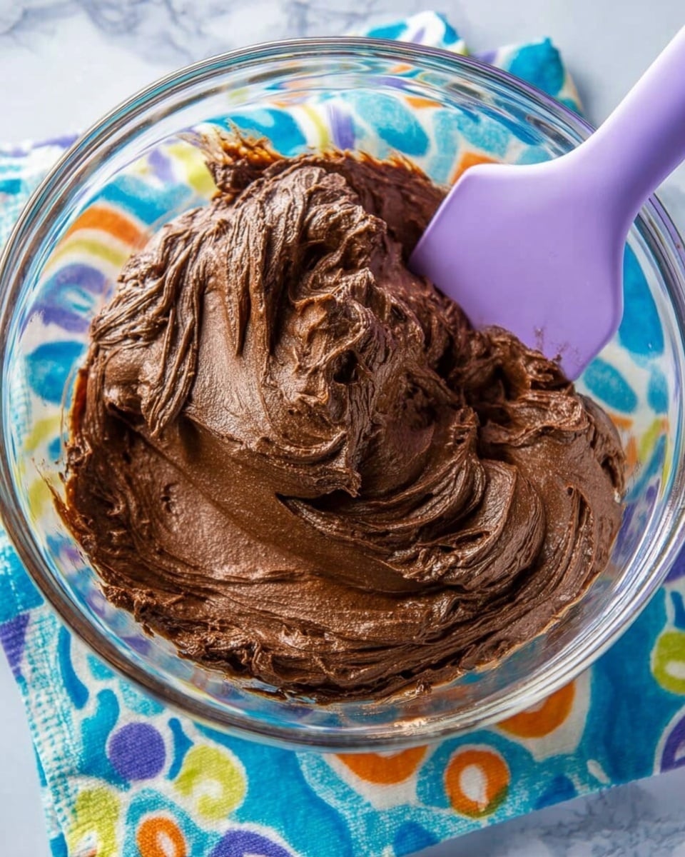A clear glass bowl filled with a thick, creamy chocolate mixture that has a rich and smooth texture with visible swirls and peaks. A lavender silicone spatula is partially dipped into the chocolate mixture on the right side. The bowl sits on a colorful patterned cloth with bright flowers and circular shapes, all placed on a white marbled surface. photo taken with an iphone --ar 4:5 --v 7