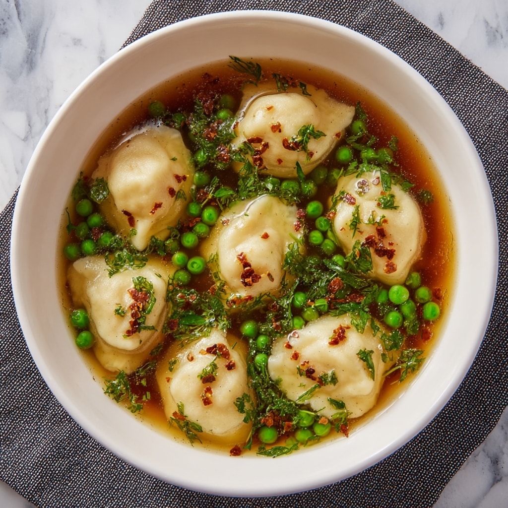 A white bowl with a black rim holds a warm soup featuring around ten light beige ravioli floating in a dark brown broth. Scattered throughout are bright green peas and chopped dark green leafy vegetables, adding a fresh color contrast. Tiny bits of golden brown fried garlic pieces are sprinkled on top, enhancing the texture of the soup. The bowl sits on a gray and white woven cloth, with a blurred green garnish in the background on a white marbled surface. photo taken with an iphone --ar 4:5 --v 7
