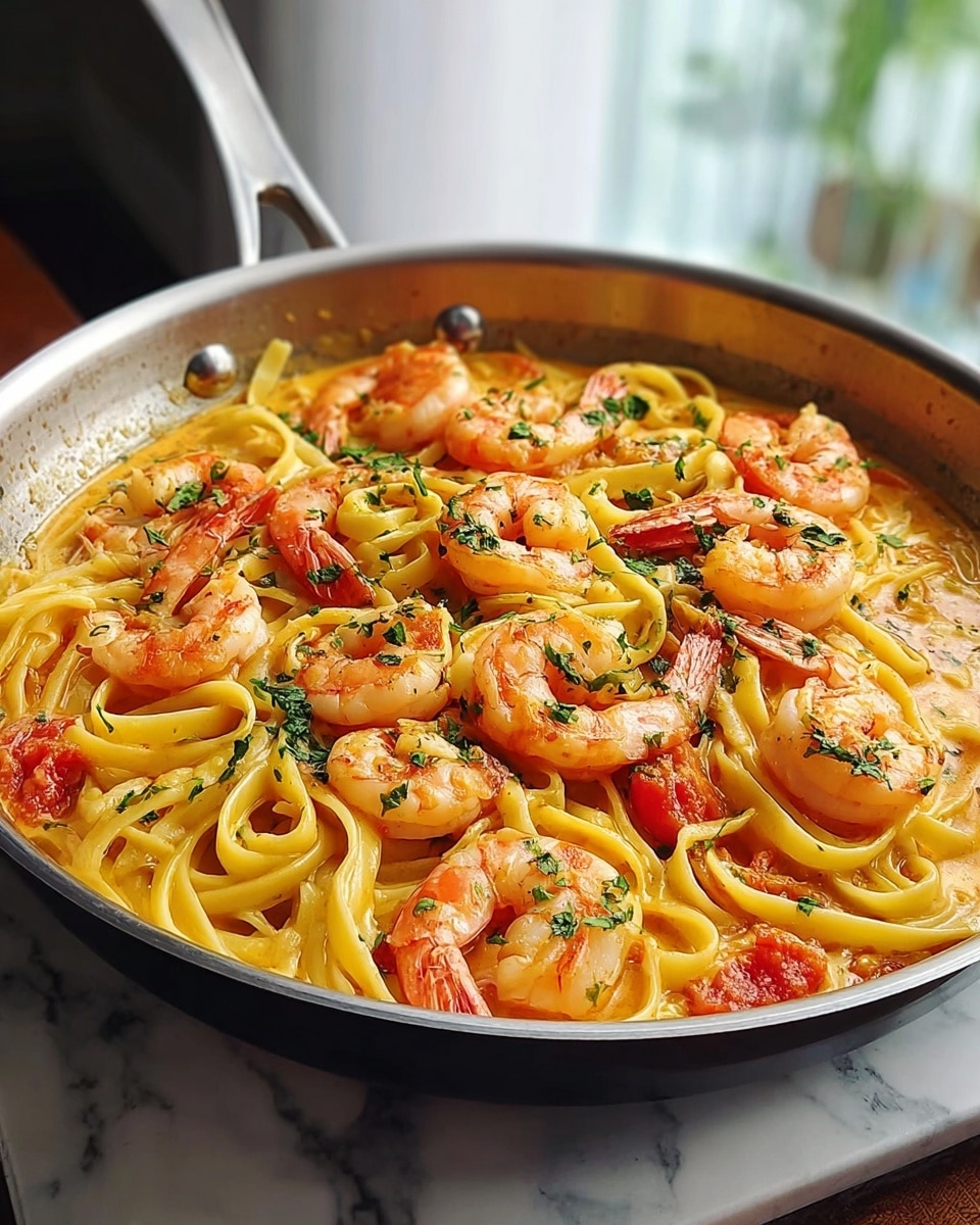 A close-up image of a frying pan filled with pasta and large cooked shrimp on top. The pasta is golden yellow, coated in a creamy sauce with small chunks of red tomato scattered throughout. The shrimp are pinkish-orange with a slightly shiny texture, arranged evenly over the pasta. Small green herbs are sprinkled across the dish, adding a touch of color. The pan is on a white marbled surface, with soft natural light coming from the background. Photo taken with an iphone --ar 4:5 --v 7