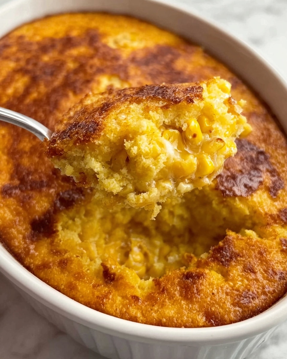 A close-up view of a golden-brown baked corn casserole in a white ceramic oval baking dish, showing a crispy top layer that is textured and browned with some uneven spots; the dish's inside reveals a moist, chunky middle layer filled with whole corn kernels and a cheesy, creamy mixture, with bits of melted cheese and corn visible; a spoon lifts a portion from the dish, highlighting the soft, slightly crumbly texture inside. The background is a white marbled texture. photo taken with an iphone --ar 4:5 --v 7