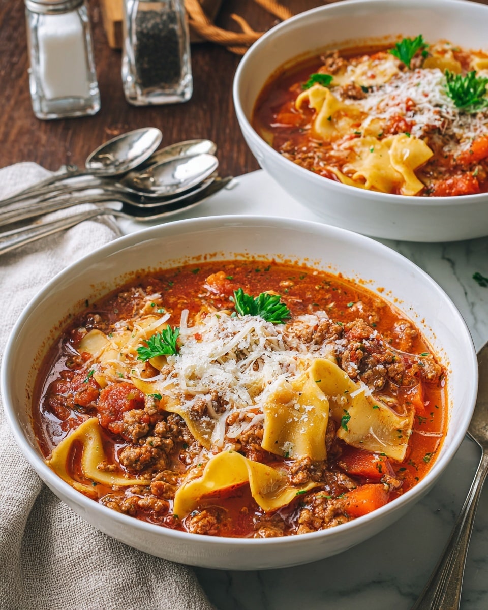 The image shows a close-up of a lasagna soup with three main visual layers. The top layer has melted shredded cheese, white and slightly creamy, scattered unevenly. On top, bright green parsley leaves are spread across, adding a fresh look. Below the cheese, there are wavy-edged pasta pieces, light yellow with a soft texture, peeking through the cheese and sauce. The bottom layer is a rich red tomato sauce mixed with browned ground meat and small chunks of red tomato, creating a hearty and chunky texture. The entire dish sits on a white marbled surface, enhancing the colors. photo taken with an iphone --ar 4:5 --v 7