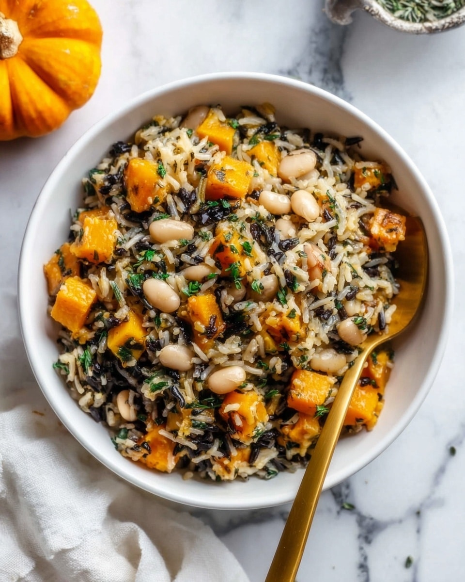 A white bowl filled with a mixed dish of small, light yellow orzo pasta as the base layer, topped with scattered chickpeas that are pale beige, small chunks of bright orange butternut squash, and pieces of wilted dark green spinach. There are also slices of brown mushrooms mixed throughout along with some finely grated white cheese sprinkled on top. A golden spoon rests inside the bowl on the right side. The bowl sits on a white marbled surface with a soft white cloth nearby and an orange pumpkin partially seen on the upper left side. photo taken with an iphone --ar 4:5 --v 7