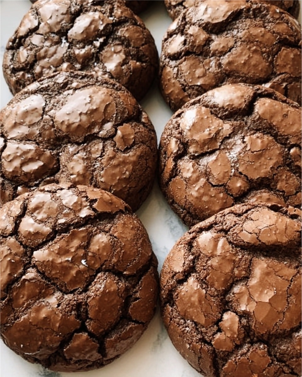 The image shows three rows of thick, chewy chocolate cookies with a cracked, shiny top that reveals a soft inside. Each cookie is dark brown with a crinkled surface, suggesting a rich, fudgy texture. The cookies are placed close together on a white marbled surface, filling the frame with their warm, inviting appearance. Photo taken with an iphone --ar 4:5 --v 7