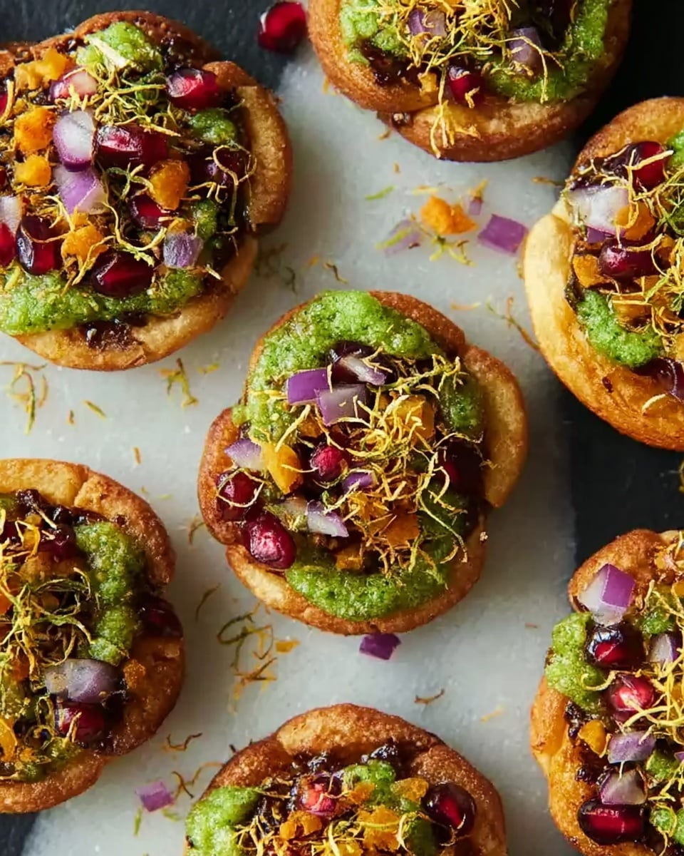 The image shows multiple small round snacks arranged close together on a white marbled surface. Each snack has a base layer of golden-brown fried dough twisted into a swirled shape. On top, there are generous green dollops of a smooth chutney spread unevenly, dark brown tamarind sauce adding a glossy texture, and scattered pieces of bright orange crunchy coated peanuts. Small deep red pomegranate seeds and finely chopped purple onions add pops of color. The snacks are finished with a delicate yellow topping of thin, crisp sev strands sprinkled lightly over the other layers. Photo taken with an iphone --ar 4:5 --v 7