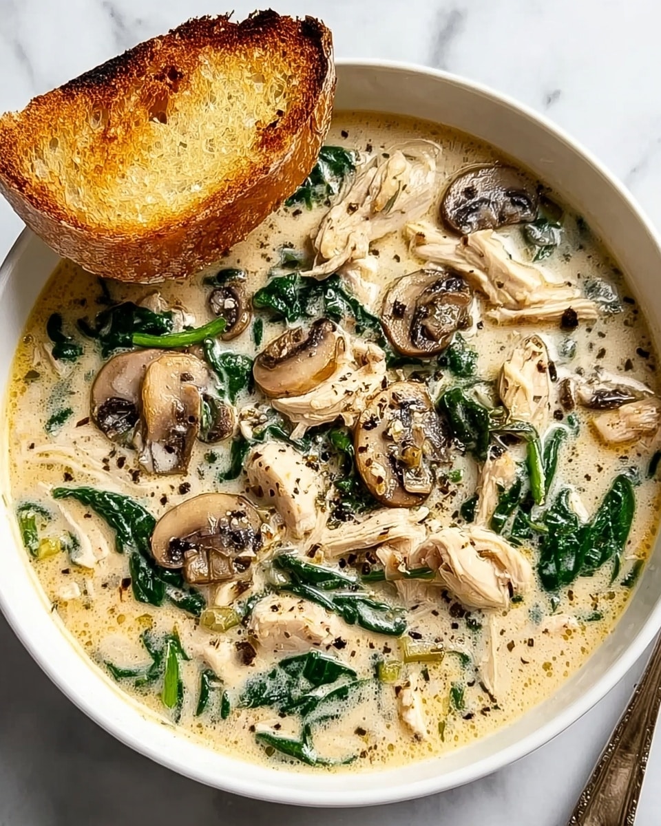 A white bowl filled with creamy soup that has visible thick layers of sliced mushrooms in light brown and beige, pieces of shredded white chicken, and wilted dark green spinach leaves spread evenly. The soup base is a pale yellow cream with specks of black pepper sprinkled on top, giving texture. A toasted light brown bread slice is resting on the edge of the bowl. The bowl sits on a white marbled surface with a metal spoon placed inside on the left side. photo taken with an iphone --ar 4:5 --v 7