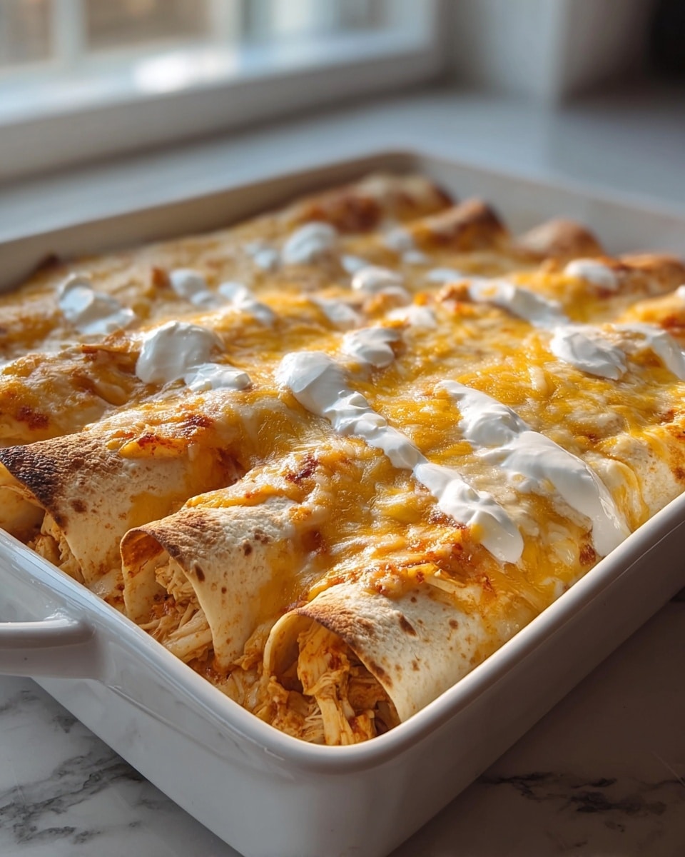 The image shows a white rectangular baking dish with three rolled enchiladas placed side by side. Each enchilada is filled with a chunky chicken mixture that is light beige in color with visible herbs. The enchiladas are covered with a thick layer of melted, golden-brown cheese that is bubbly and slightly crispy on top. The cheese layer has a creamy texture with browned spots giving it a rich look. Underneath the enchiladas, there is a light sauce that pools around the base, appearing creamy and smooth. The whole dish is set on a white marbled surface with soft sunlight filtering through windows in the background. photo taken with an iphone --ar 4:5 --v 7