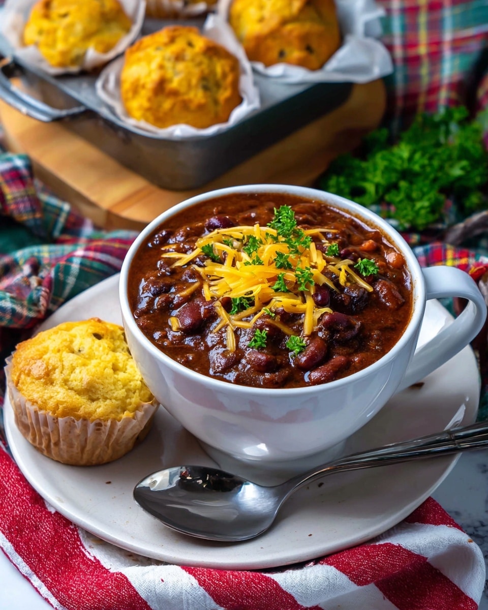 A white bowl filled with thick, dark reddish-brown chili, topped with bright yellow shredded cheese and sprinkled green parsley leaves, sits centered on a white plate. The bowl rests on a red and white striped cloth, adding contrast. To the left of the bowl is a shiny silver spoon. Behind the bowl, a black pan holds several golden brown cornbread muffins wrapped in light brown parchment paper. There is one cornbread muffin placed on the plate next to the bowl. Fresh green parsley adds color beside the pan. The whole setup is on a white marbled surface with a colorful, plaid cloth in the background. Photo taken with an iphone --ar 4:5 --v 7