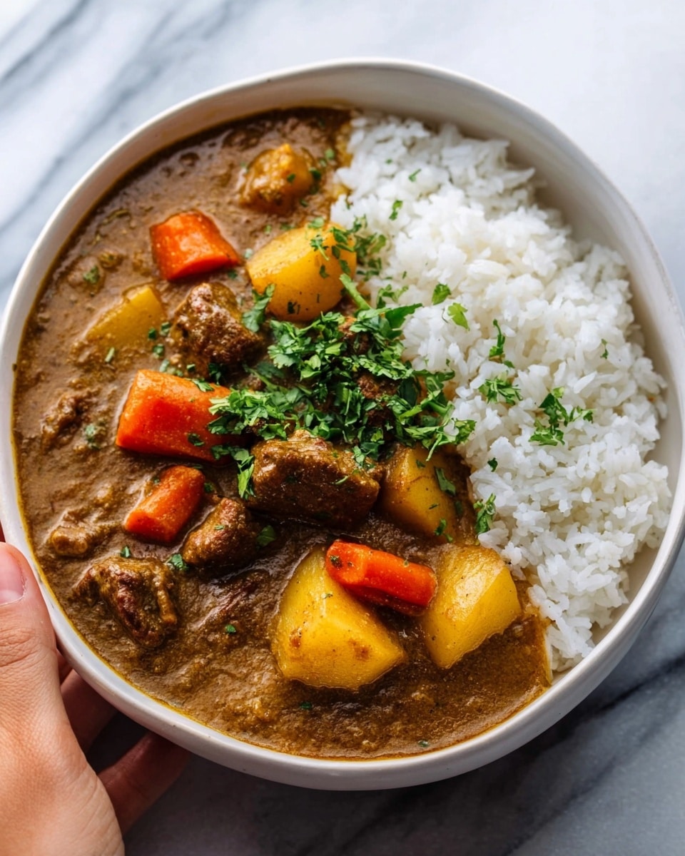 A white bowl filled with two main layers: one side has fluffy white rice with a soft texture, and the other side has a thick, creamy brown curry with chunks of tender meat, orange carrot slices, and small potato pieces. The curry is lightly topped with fresh green herbs, adding a splash of color. The bowl sits on a white marbled surface, and a woman's hand is gently reaching toward the dish. Photo taken with an iphone --ar 4:5 --v 7