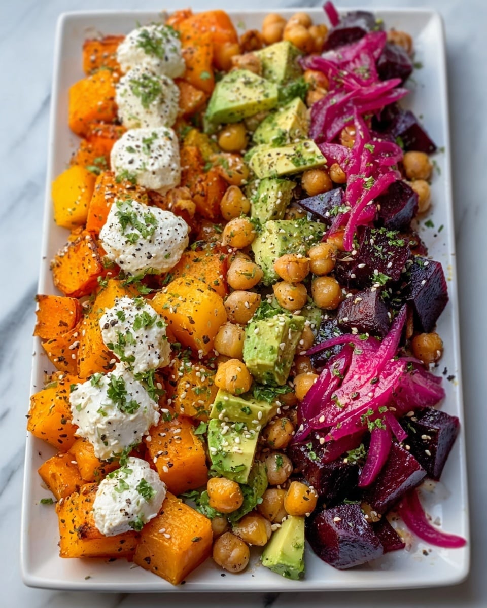 A rectangular white plate displays a vibrant layered dish arranged side by side: bright orange roasted butternut squash cubes, creamy white dollops of cheese on top sprinkled with green herbs, light brown chickpeas scattered throughout, diced green avocado pieces, deep purple roasted beet cubes, and pickled pink onions on the right edge. The colors pop against the white marbled surface beneath the plate, and the textures range from smooth avocado to firm roasted vegetables, with a sprinkle of sesame seeds and herbs adding detail. Photo taken with an iphone --ar 4:5 --v 7