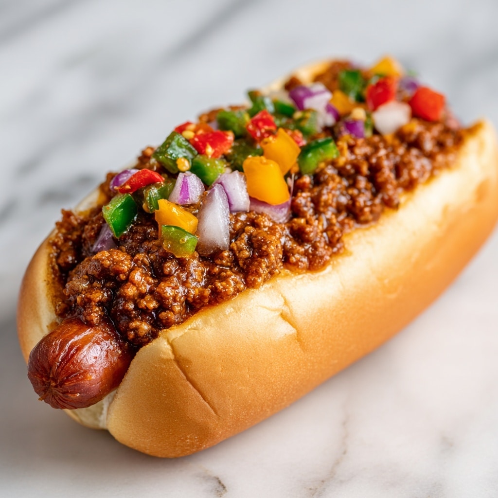 A soft, light-brown hot dog bun holds a cooked sausage on the right side, with the tip of the sausage slightly wrinkled. On top of the sausage and filling is a thick layer of chili made with ground meat and small diced vegetables in a rich, brownish-red sauce, spreading evenly inside the bun. Over the chili, there is a topping of diced onions, green chilies, and small pieces of red and yellow peppers, adding bright colors like white, purple, green, red, and yellow. The entire hot dog rests on a white marbled surface. photo taken with an iphone --ar 4:5 --v 7