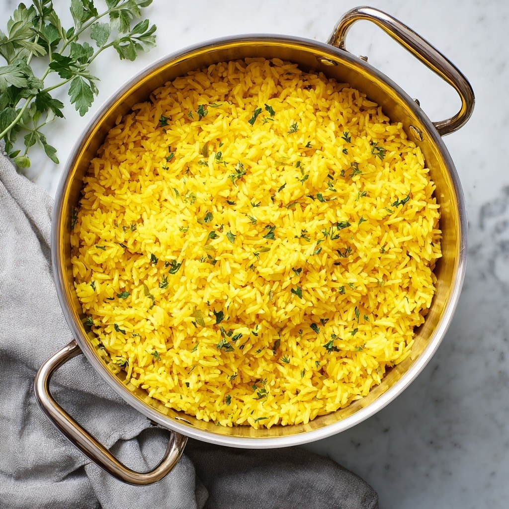 A close-up of a large stainless steel pot filled with bright yellow rice mixed with small green herb pieces. The rice grains are long and fluffy, showing a light, slightly oily texture with tiny black specks. A silver spoon lifts a portion of the yellow rice above the pot, held by a woman's hand. The background is softly blurred with green leaves and warm light. The pot rests on a surface with a white marbled texture. photo taken with an iphone --ar 4:5 --v 7