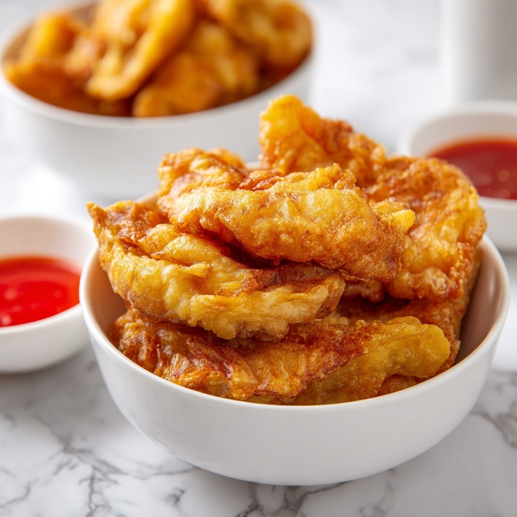 The image shows a pile of golden-brown battered fried fish pieces with a crispy, textured outer layer placed in a white bowl. The pieces are thick and unevenly shaped, stacked closely together to fill the bowl. To the left, there is a small white ramekin filled with bright red dipping sauce, adding a vivid contrast to the warm colors of the fish. In the background, there is another white bowl with more fried fish pieces slightly out of focus. The whole setup is on a white marbled surface, creating a clean and simple setting. photo taken with an iphone --ar 4:5 --v 7