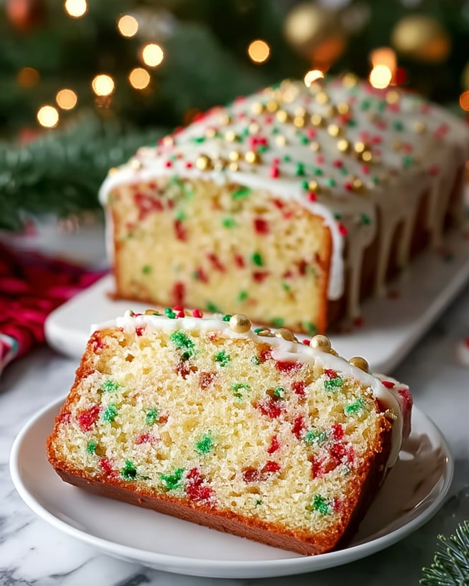 A rectangular slice of moist, light yellow cake with red and green sprinkles mixed inside and spread throughout the texture, sits on a white plate with the whole cake behind it sliced vertically. The top layer is thickly covered in white icing with red, green, and a few golden sprinkles scattered all over. The cake edges are golden brown, showing a slight crust. The background includes blurred Christmas lights and green pine branches, with a white marbled surface underneath. photo taken with an iphone --ar 4:5 --v 7