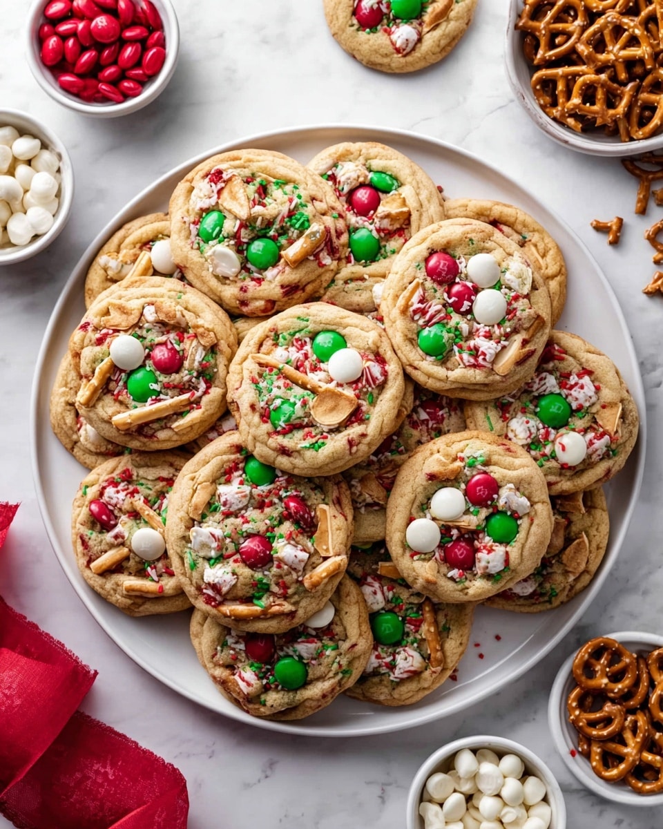 The image shows a white round plate filled with about a dozen thick cookies that have a light golden-brown base. Each cookie is topped with colorful red and green candy-coated chocolates, red and green sprinkles, white chocolate chips, and broken pieces of pretzels scattered on the surface. The cookies have a soft, slightly crinkled texture, and the toppings are embedded in the dough, creating a festive look. Around the plate, there are small white bowls filled with red and green candy-coated chocolates, white chocolate chips, and whole pretzels. All of this is set on a white marbled surface with a red ribbon partially visible on the corner. photo taken with an iphone --ar 4:5 --v 7
