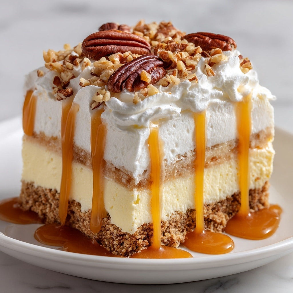 The image shows a tall, square slice of layered dessert on a white plate. The bottom layer is a thick, crumbly light brown crust. Above it is a creamy, beige layer that looks smooth. Next is a thick white whipped cream layer, soft and fluffy, covered with a sticky caramel sauce dripping down the sides. The top is sprinkled with a mix of whole and chopped pecan nuts, giving a crunchy touch. The background is a white marbled surface. The photo taken with an iphone --ar 4:5 --v 7