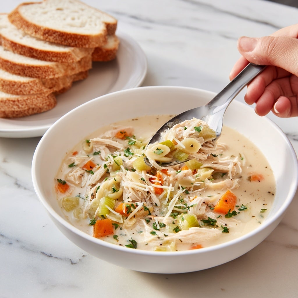 A white bowl filled with creamy soup showing multiple colorful layers: at the base is a smooth, light beige broth, topped with shredded white chicken, chunks of bright orange carrots, green celery pieces, and small pasta shapes, all sprinkled with finely chopped herbs and shredded white cheese. A woman's hand is holding a spoon inside the bowl, scooping a mix of chicken, carrots, and pasta. Behind the bowl on a white marbled surface, there is a stack of white bread slices on a white plate. photo taken with an iphone --ar 4:5 --v 7