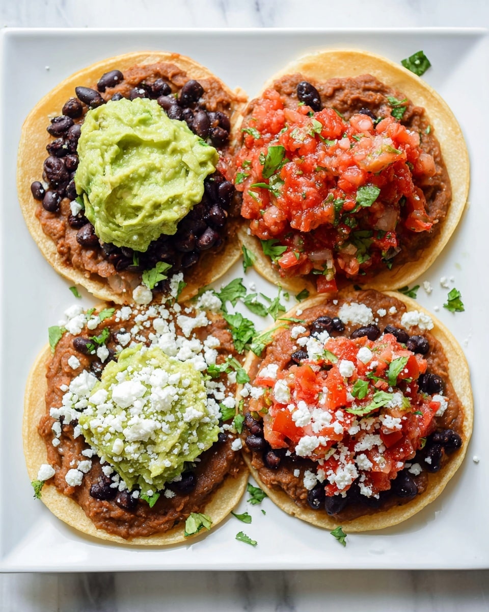 The image shows four small soft tortillas arranged in a white square plate, placed on a white marbled surface. Each tortilla has a base layer of brown refried beans spread evenly, topped with scattered black beans. On one side, there is a bright green scoop of guacamole with a creamy texture. Next to it, a heap of chunky red salsa made of diced tomatoes and small bits of green herbs adds a fresh look. Crumbled white cheese is sprinkled over the black beans, and small bits of chopped green cilantro are scattered on and around the tacos. The colors are vibrant and fresh, with the textures contrasting between creamy, chunky, and soft. photo taken with an iphone --ar 4:5 --v 7