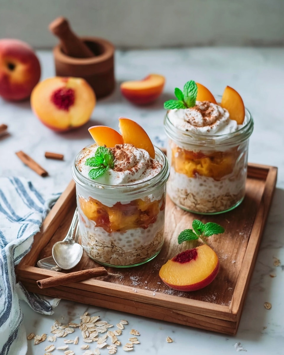 Two glass jars filled with a layered dessert placed on a wooden tray, each jar showing three layers: a bottom layer of white creamy substance mixed with oats, a middle layer of peach slices displaying orange and yellow tones, and a top layer of whipped cream sprinkled with light brown cinnamon powder. Each jar is garnished with two peach slices and a small fresh green mint leaf on top. Beside the jars on the tray are two silver spoons, a cinnamon stick, and a small sprig of mint. Two peach halves with bright orange flesh and red centers rest on the white marbled surface next to the tray. In the background is a blurred peach, a wooden mortar with a pestle, and some scattered oats. A white cloth with blue stripes is folded at the tray's corner. Photo taken with an iphone --ar 4:5 --v 7